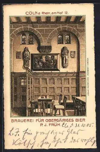 Lithographie Cöln a. Rhein, Restaurant P. J. Früh, Brauerei für Obergäriges Bier, Innenansicht