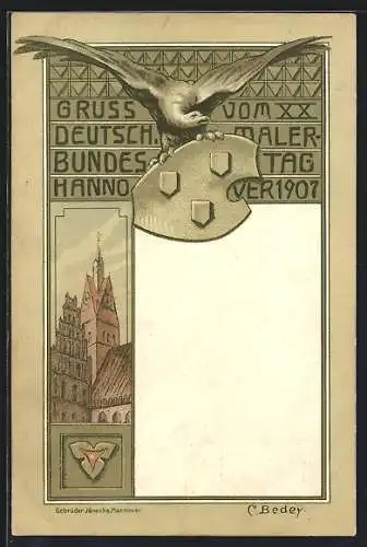 Lithographie Hannover, XX. Deutsch. Maler-Bundestag 1907, Kirchturm und Adler mit Palette