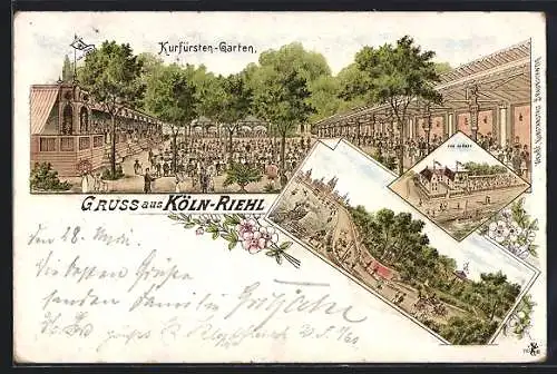 Lithographie Köln-Riehl, Gasthaus zum Kurfürsten, Zur Münze, Panorama und Garten