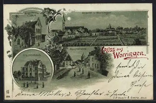 Mondschein-Lithographie Köln-Worringen, Krankenhaus, Hauptstrasse, Kriegerdenkmal und Schule
