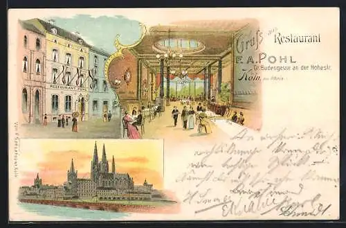 Lithographie Köln am Rhein, Restaurant F. A. Pohl, Gr. Budengasse an der Hohestrasse