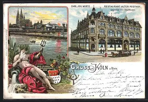 Lithographie Köln, Gasthaus Alter Posthof v. C. Wirtz, Stadtpanorama, Neptun, Wappen, Pferdebahn