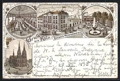 Lithographie Köln, Heuser`s Wein-Restaurant mit Garten und Innenansicht, Herzogstrasse 18