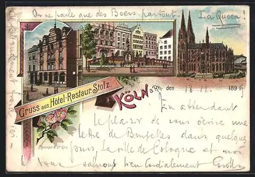 Lithographie Köln a. Rh., Hotel-Restaurant Stolz, Heinzelmännchen-Brunnen