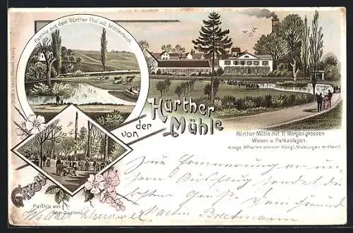 Lithographie Hürth, Gasthaus Hürther Mühle mit Garten und Park