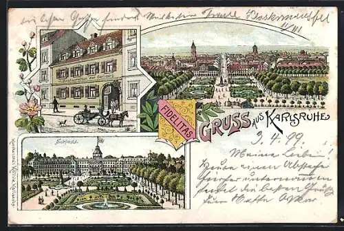 Lithographie Karlsruhe, Gasthaus zru Karlsburg, Schloss, Totalansicht