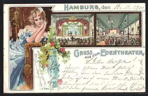 Lithographie Hamburg-St.Pauli, Edentheater, Bühne und Zuschauerraum