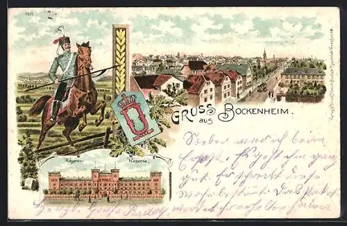 Lithographie Bockenheim, Husaren-Kaserne und Husar zu Pferd, Stadtansicht