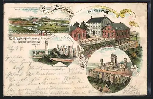 Lithographie Hohensyburg, Hotel Wulf, Kaiser Wilhelm Denkmal