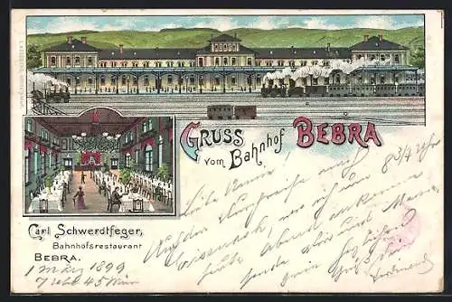 Lithographie Bebra, Bahnhof mit Bahnhofsrestaurant, Bes. Carl Schwerdtfeger