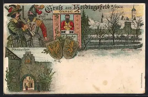 Künstler-Lithographie Heidingsfeld a/Main, Die alten Schweden, Giemaul, Nikolausthor, Wappen