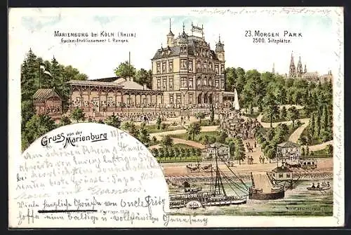 Lithographie Marienburg bei Köln, Restaurant Garten-Etablissement I. Ranges, Morgen Park