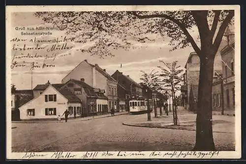 AK Köln-Niehl, Strassenbahn in der Sebastianstrasse