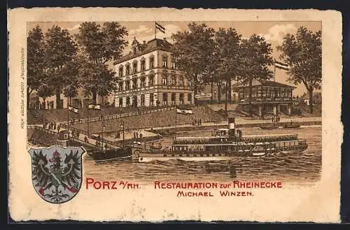 Lithographie Köln-Porz, Restaurant zur Rheinecke, Dampfer am Anleger