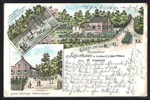 Lithographie Dellbrück b. Köln, Restaurant Jägerhaus v. W. Schneider, mit Gartenansicht, Hunde-Dressur-Platz