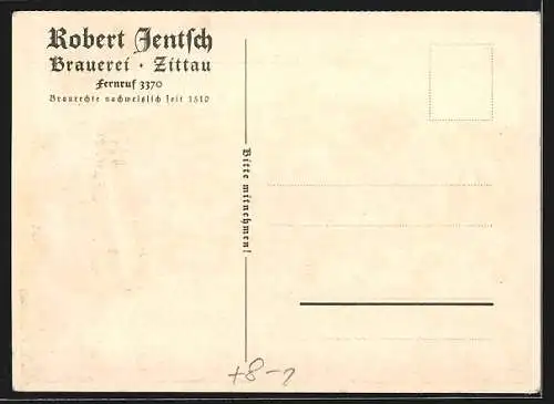 AK Zittau, Reklame für Hubertus Caramel-Bräu der Brauerei Robert Jentsch, Alte Ansicht der Stadt 1757