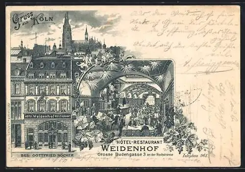 Lithographie Köln, Hotel Restaurant Weidenhof, Innen- und Aussenansicht, Grosse Budengasse 3