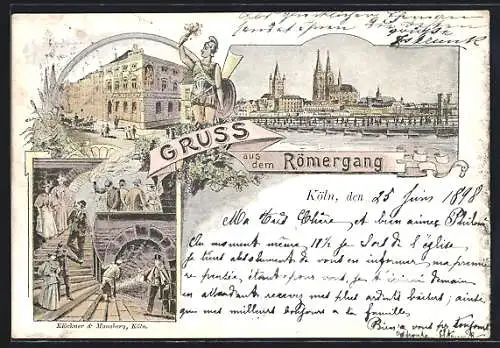 Lithographie Köln, Das Gasthaus Römergang mit Innenansicht, Schiffsbrücke