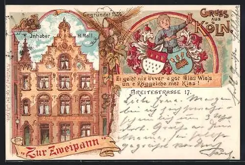 Lithographie Köln, Das Gasthaus Zur Zweispann, Inh. H. Moll, Breitestrasse 17