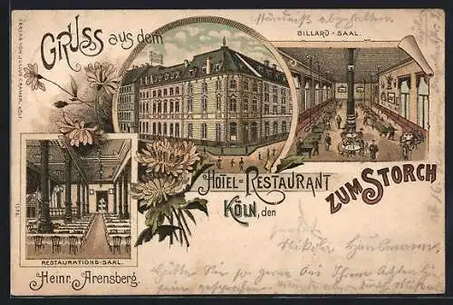 Lithographie Köln, Hotel-Restaurant zum Storch v. Heinr. Arensberg, mit Restaurations- und Billard-Saal