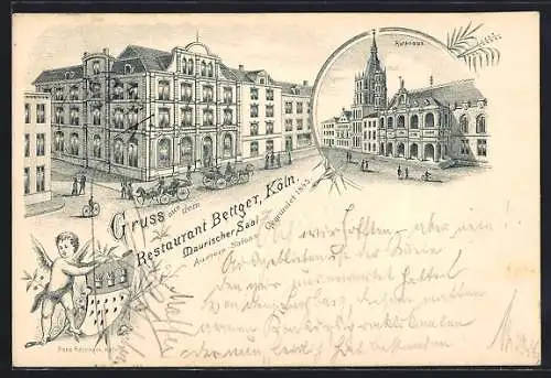 Lithographie Köln, Das Restaurant Bettger, Rathhaus, Engel mit Stadtwappen