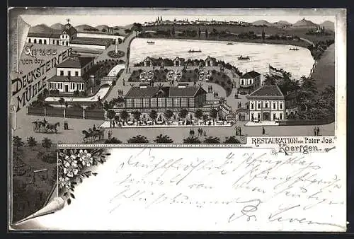 Lithographie Köln, Das Restaurant Decksteiner Mühle v. Peter Jos. Koerfgen aus der Vogelschau