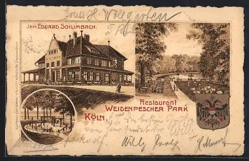 Lithographie Köln-Weidenpesch, Das Restaurant Weidenpescher Park v. Eduard Schlimbach, mit Aussenbereich und Spielplatz