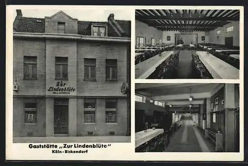 AK Köln-Bickendorf, Gasthaus zur Lindenblüte v. Schoog-Breuer, Venloer Strasse 658, Aussen- u. Innenansichten