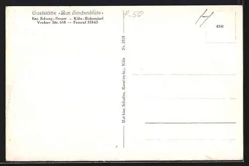 AK Köln-Bickendorf, Gasthaus zur Lindenblüte v. Schoog-Breuer, Venloer Strasse 658, Aussen- u. Innenansichten