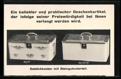 AK Meissen /Sa., Metall-& Lackierwarenfabrik Wachter & Schmidt, Gebäckkasten mit Steingutunterteil