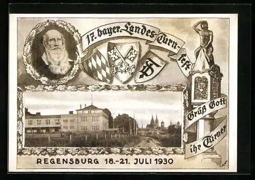 Künstler-AK Regensburg, 17. Bayer. Landes-Turnfest 1930, Turnvater Jahn