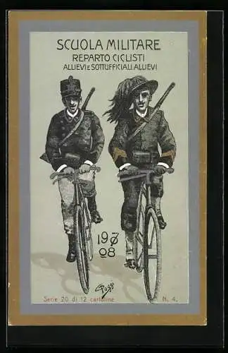 Leporello-Künstler-AK Scuola Militare, Reparto Ciclisti, Infanterie, Fahrrad