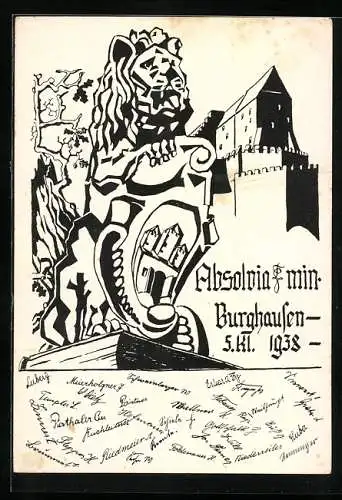 Künstler-AK Burghausen / Salzach, Absolvia 1938, Löwe mit Wappen