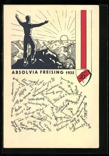 Künstler-AK Freising, Absolvia 1935, Studentenwappen, Student sieht die Sonne über den Bergen aufgehen