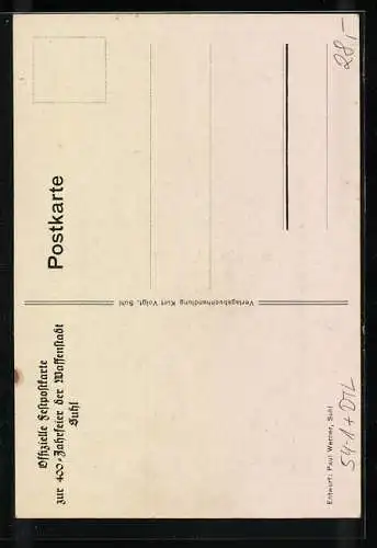 Künstler-AK Suhl, 400-Jahrfeier der Waffenstadt 1527-1927, Schütze mit Muskete, Wappen