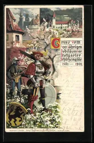 Lithographie Stuttgart, 400 jähriges Jubiläum der Schützengilde 1901, Ganzsache Württemberg