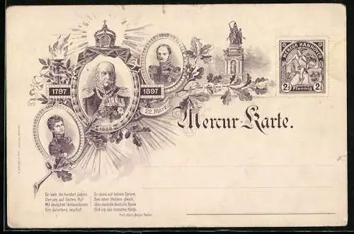 AK Hannover, Mercur-Karte, Private Stadtpost, Kaiser Wilhelm I.