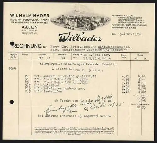 Rechnung Aalen 1935, Wilhelm Bader, Wilbader-Werk für Schokoladen- & Zuckerwaren, Ansicht der Fabrikanlage