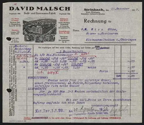 Rechnung Steinbach /Meiningen 1925, David Malsch, Stahl- und Eisenwaren-Fabrik, Werkanlage und Niederlagen