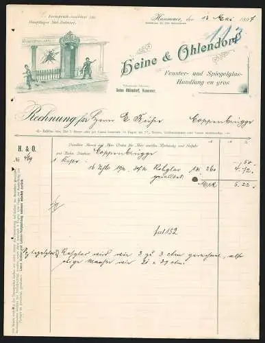 Rechnung Hannover 1897, Heine & Ohlendorf, Fenster- und Spiegelglas-Handlung, Ladenfront mit kaputtem Schaufenster