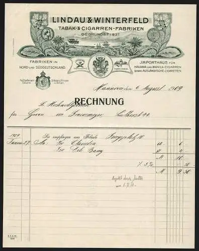 Rechnung Hannover 1909, Lindau & Winterfeld, Tabak- & Cigarren-Fabriken, Orstansicht am See, Schutzmarken