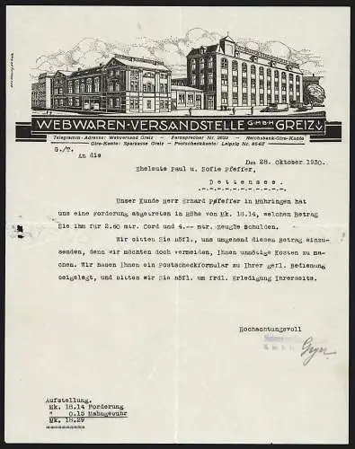 Rechnung Greiz i. V. 1930, Webwaren-Versandstelle GmbH, Ansicht des Betriebsgeländes
