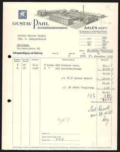 Rechnung Aalen /Württ. 1955, Gustav Pahl, Zuckerwarenfabrik, Modellansicht der Fabrikanlage