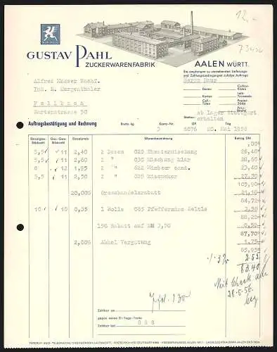 Rechnung Aalen /Württ. 1955, Gustav Pahl, Zuckerwarenfabrik, Modellansicht der Betriebsanlage