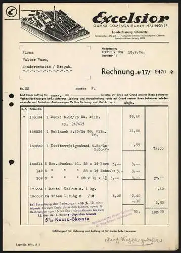 Rechnung Chemnitz 1930, Excelsior Gummi-Compagnie GmbH, Modellansicht der Fabrik aus der Vogeschau