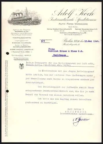 Rechnung Berlin 1940, Adolf Koch, Internationale Speditionen, Ein Dampfer pflügt durch die hohe See