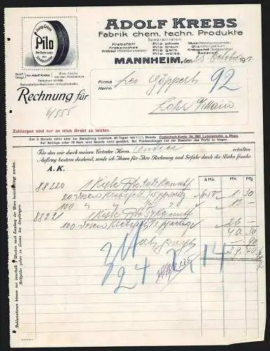 Rechnung Mannheim 1913, Adolf Krebs, Fabrik chem.-techn. Produkte, Dose Galop-Creme Pilo