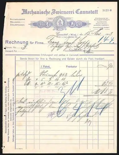 Rechnung Cannstatt 1913, Mechanische Zwirnerei Cannstatt, Fabrikmarke und Messe-Medaillen