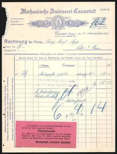 Rechnung Cannstatt 1913, Mechanische Zwirnerei Cannstatt, Fabrikmarke und Preis-Medaillen
