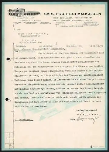 Rechnung Schmalkalden 1931, Carl Froh, Eisenwaren-Fabrik und -Lager, Verwaltungsgebäude und Lager
